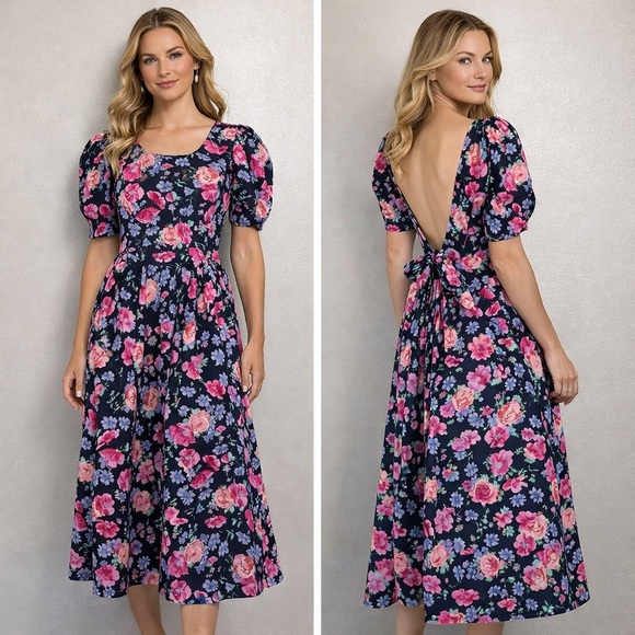 Laura Ashley Dresses & Skirts - Laura Ashley Floral Midi Dress Puff Sleeves bow & Open plunging Back sz 10 prom